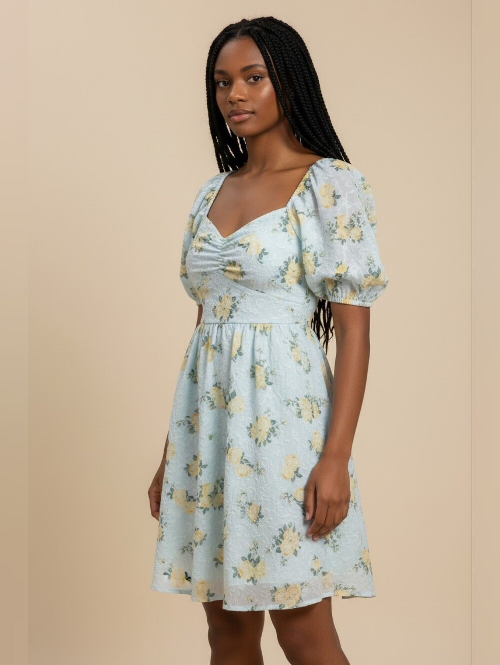 Cottagecore, romantic, feminine floral dress in a soft powder-blue shade